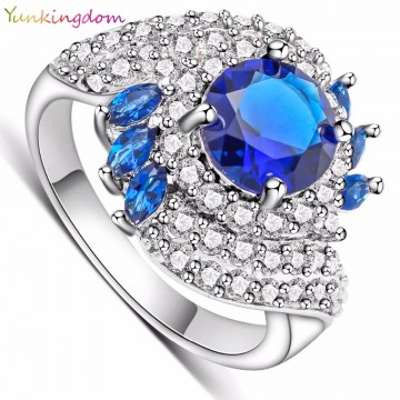Yunkingdom 2016 NEW Women's Rings White Gold Filled Dark Blue CZ Diamond Jewelry Wedding Engagement Ring  ALP0281